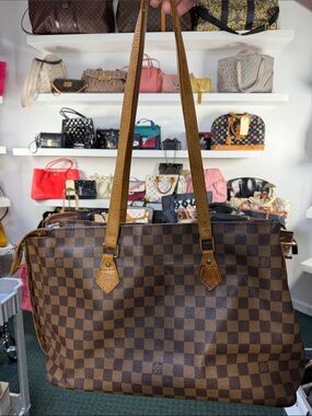 Louis Vuitton Brown Checkered Tote with Tan Straps